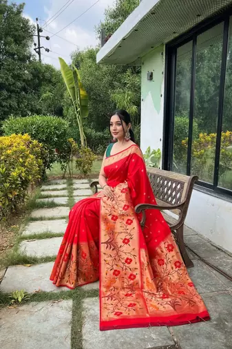 Red silk blend saree with meenakari motifs