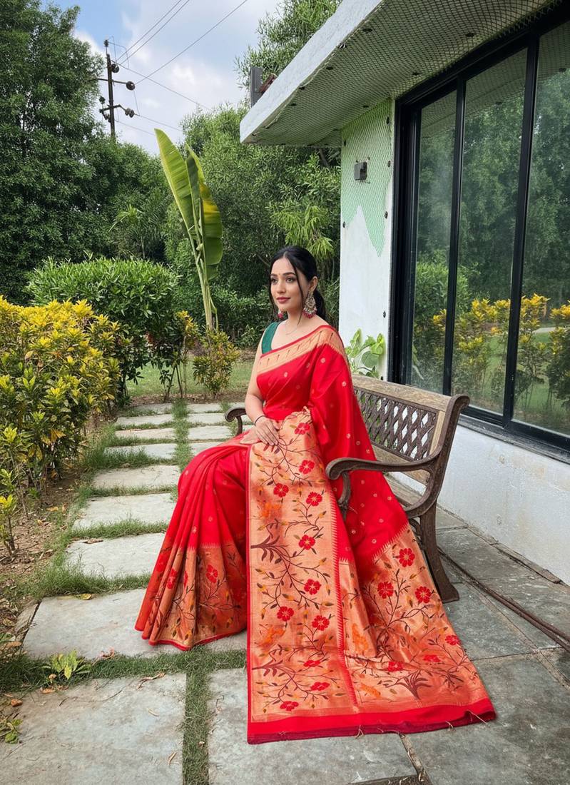 Red silk blend saree with meenakari motifs