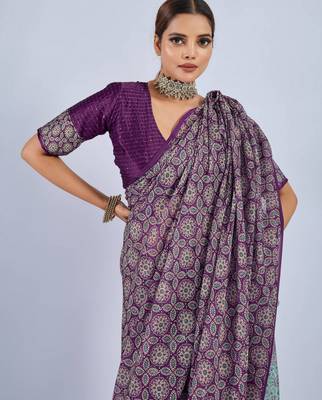 Purple color stylish ajrak printed traditional chiffon fabric saree 3
