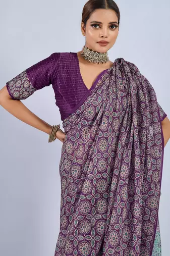 Purple color stylish ajrak printed traditional chiffon fabric saree