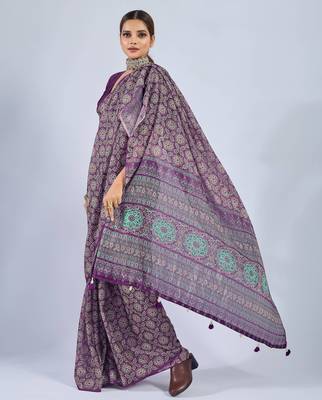 Purple color stylish ajrak printed traditional chiffon fabric saree 4
