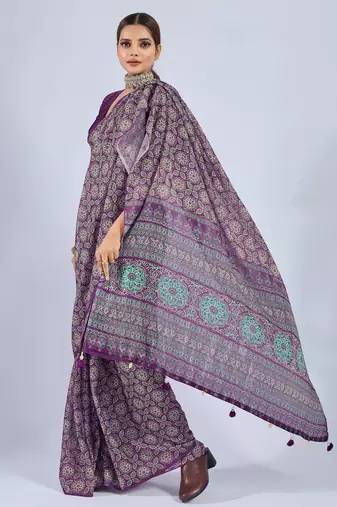Purple color stylish ajrak printed traditional chiffon fabric saree