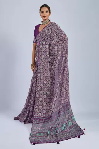 Purple color stylish ajrak printed traditional chiffon fabric saree