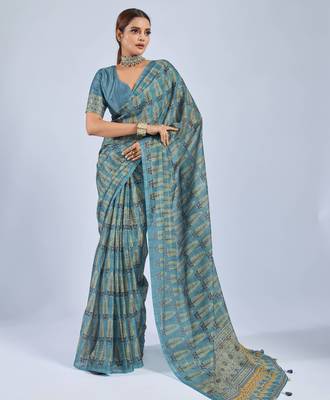 Blue color stylish ajrak printed traditional chiffon fabric saree 1