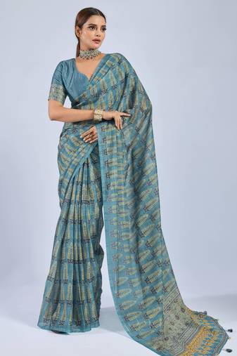 Blue color stylish ajrak printed traditional chiffon fabric saree