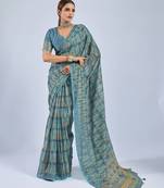 Blue color stylish ajrak printed traditional chiffon fabric saree