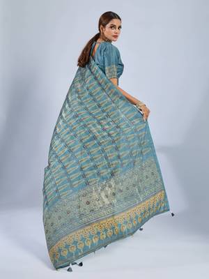 Blue color stylish ajrak printed traditional chiffon fabric saree 2