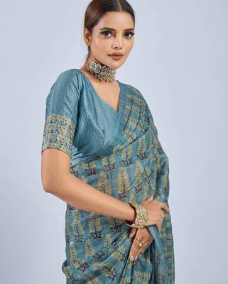 Blue color stylish ajrak printed traditional chiffon fabric saree 3