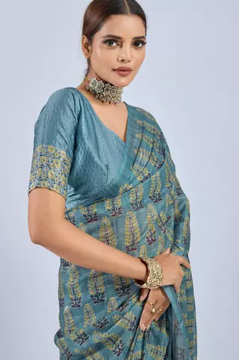 Blue color stylish ajrak printed traditional chiffon fabric saree