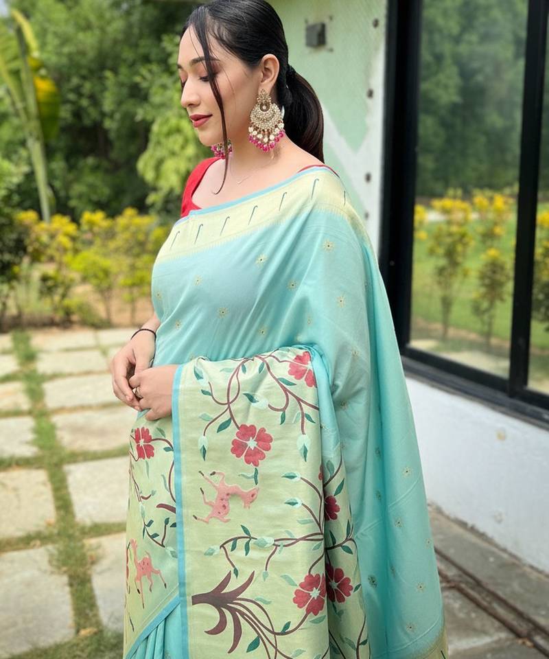 Sky blue silk blend saree with meenakari motifs