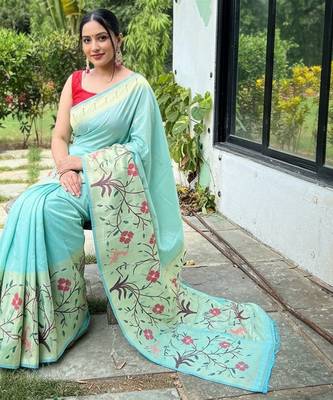 Sky blue silk blend saree with meenakari motifs 3