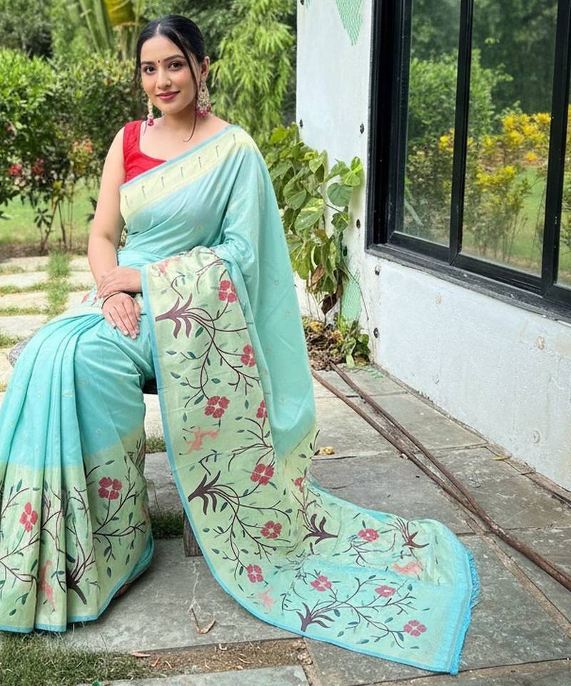 Sky blue silk blend saree with meenakari motifs