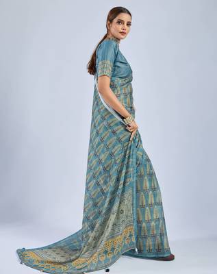 Blue color stylish ajrak printed traditional chiffon fabric saree 4