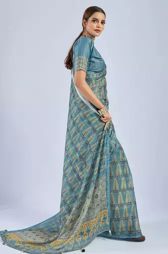 Blue color stylish ajrak printed traditional chiffon fabric saree