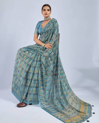 Blue color stylish ajrak printed traditional chiffon fabric saree 5