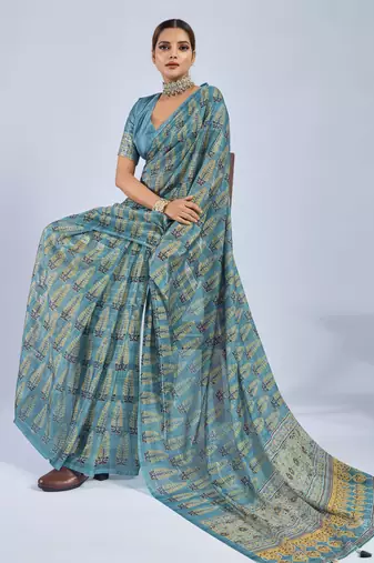 Blue color stylish ajrak printed traditional chiffon fabric saree