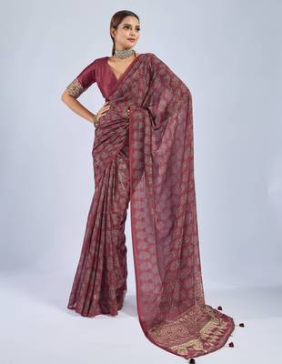 Maroon color stylish ajrak printed traditional chiffon fabric saree 1