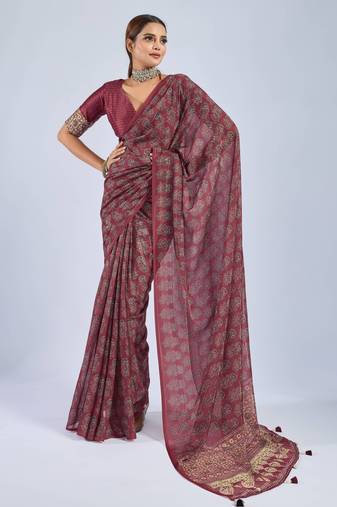 Maroon color stylish ajrak printed traditional chiffon fabric saree