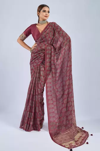 Maroon color stylish ajrak printed traditional chiffon fabric saree