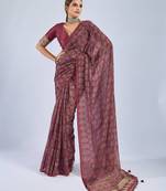 Maroon color stylish ajrak printed traditional chiffon fabric saree