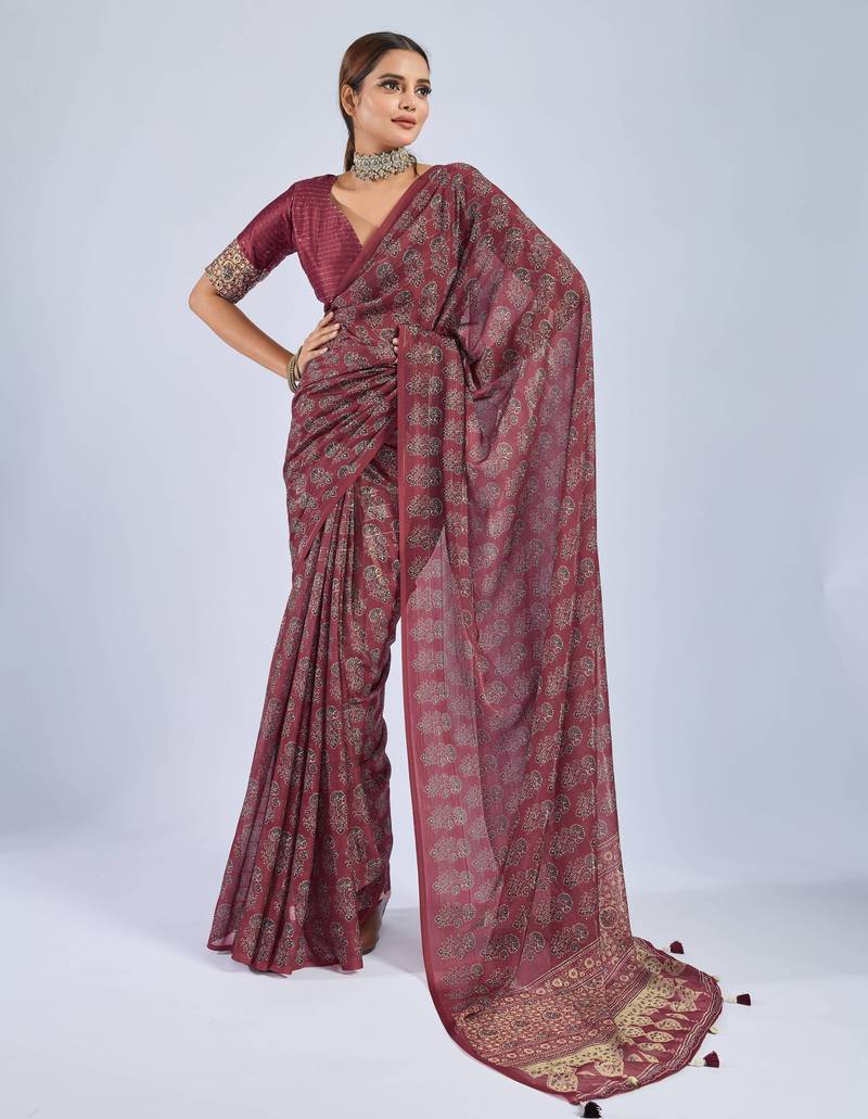 Maroon color stylish ajrak printed traditional chiffon fabric saree