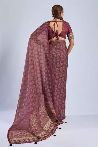 Maroon color stylish ajrak printed traditional chiffon fabric saree