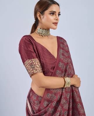 Maroon color stylish ajrak printed traditional chiffon fabric saree 3