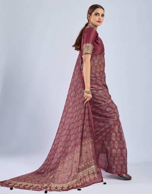 Maroon color stylish ajrak printed traditional chiffon fabric saree 5