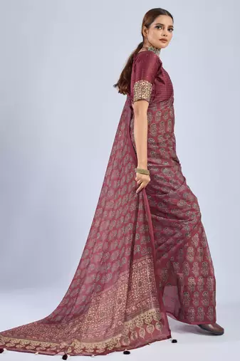 Maroon color stylish ajrak printed traditional chiffon fabric saree