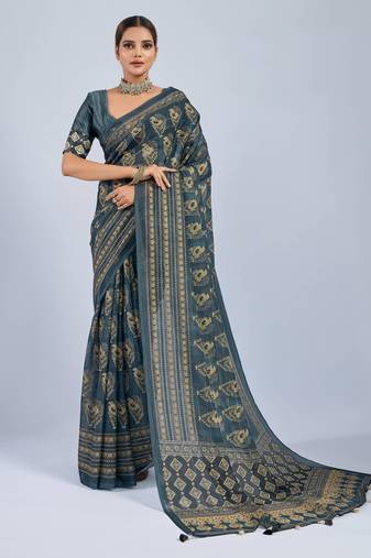 Green color stylish ajrak printed traditional chiffon fabric saree