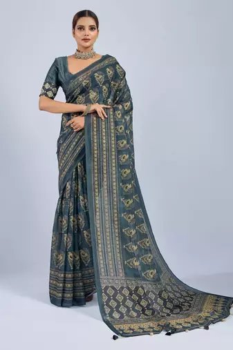 Green color stylish ajrak printed traditional chiffon fabric saree