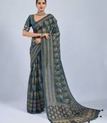 Green color stylish ajrak printed traditional chiffon fabric saree