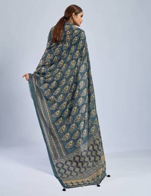 Green color stylish ajrak printed traditional chiffon fabric saree 2