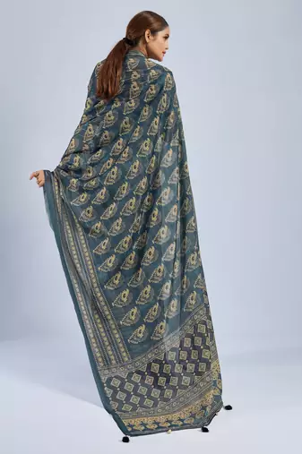 Green color stylish ajrak printed traditional chiffon fabric saree