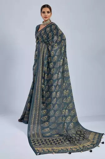 Green color stylish ajrak printed traditional chiffon fabric saree