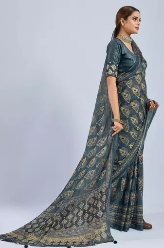 Green color stylish ajrak printed traditional chiffon fabric saree