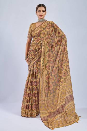 Yellow color stylish ajrak printed traditional chiffon fabric saree