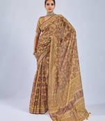Yellow color stylish ajrak printed traditional chiffon fabric saree