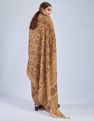Yellow color stylish ajrak printed traditional chiffon fabric saree 2
