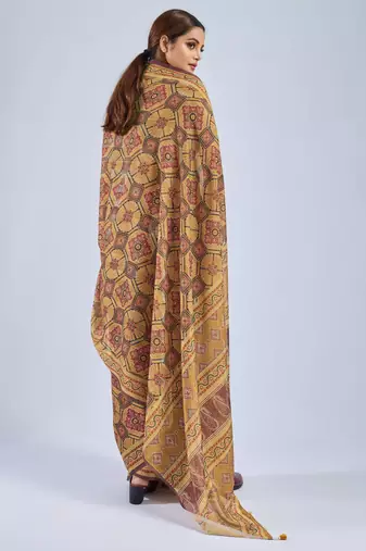 Yellow color stylish ajrak printed traditional chiffon fabric saree