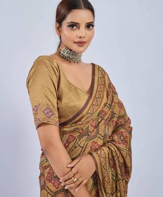 Yellow color stylish ajrak printed traditional chiffon fabric saree 3