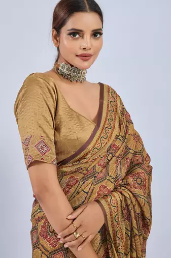 Yellow color stylish ajrak printed traditional chiffon fabric saree