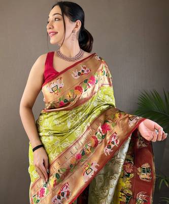 Pista green style silk blend zari weaving contrust border saree with blouse 3