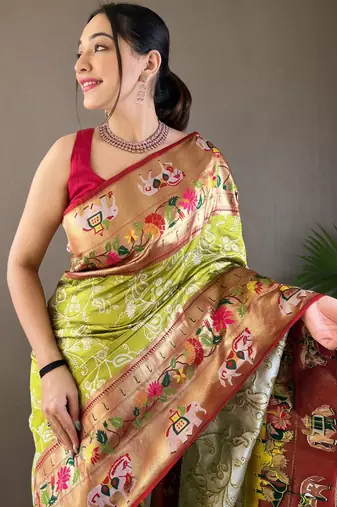 Pista green style silk blend zari weaving contrust border saree with blouse