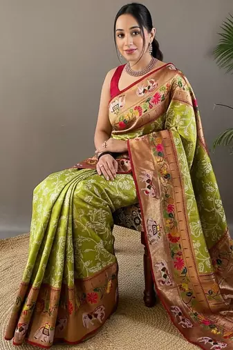 Pista green style silk blend zari weaving contrust border saree with blouse