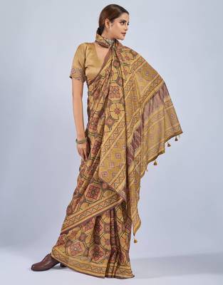 Yellow color stylish ajrak printed traditional chiffon fabric saree 4