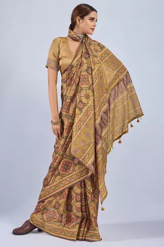 Yellow color stylish ajrak printed traditional chiffon fabric saree