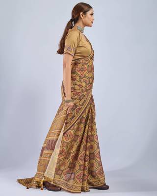Yellow color stylish ajrak printed traditional chiffon fabric saree 5