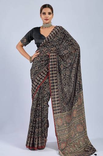Black color stylish ajrak printed traditional chiffon fabric saree