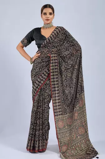 Black color stylish ajrak printed traditional chiffon fabric saree